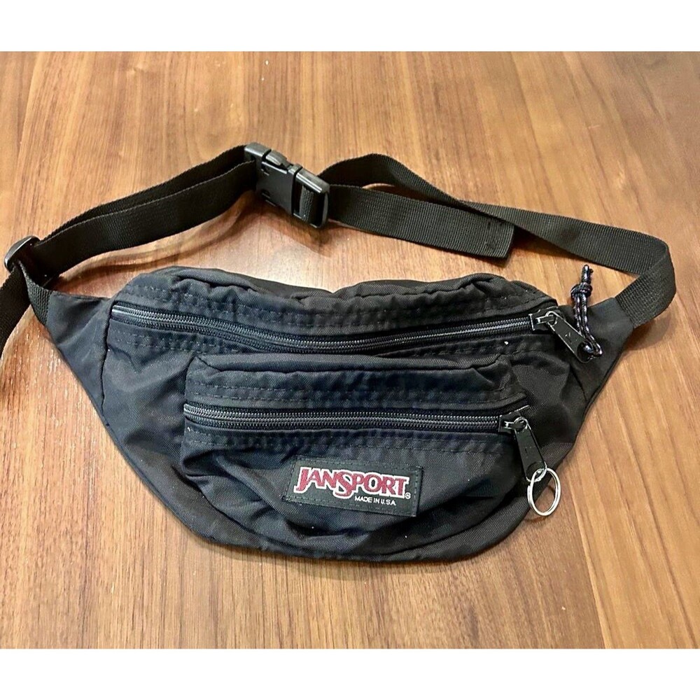 JanSport Black Nylon Waist Pack Fanny Pack 2-Pocket Zip Adjustable Vintage